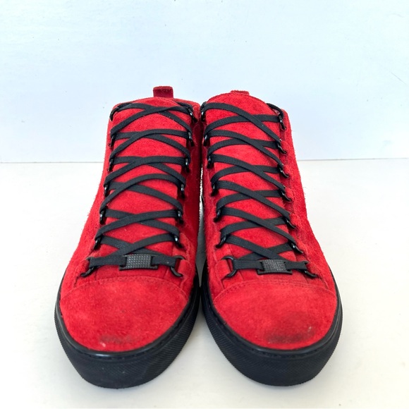 BALENCIAGA Arena Pavot Red Suede Black Trim High Top Lace Up Sneakers Sz 39 - Picture 3 of 16